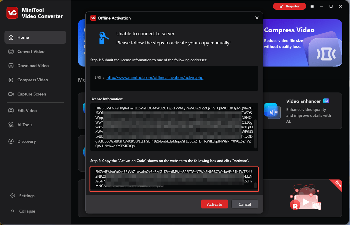 MiniTool Video Converter Offline Activation window with the Step 2 box highlighted
