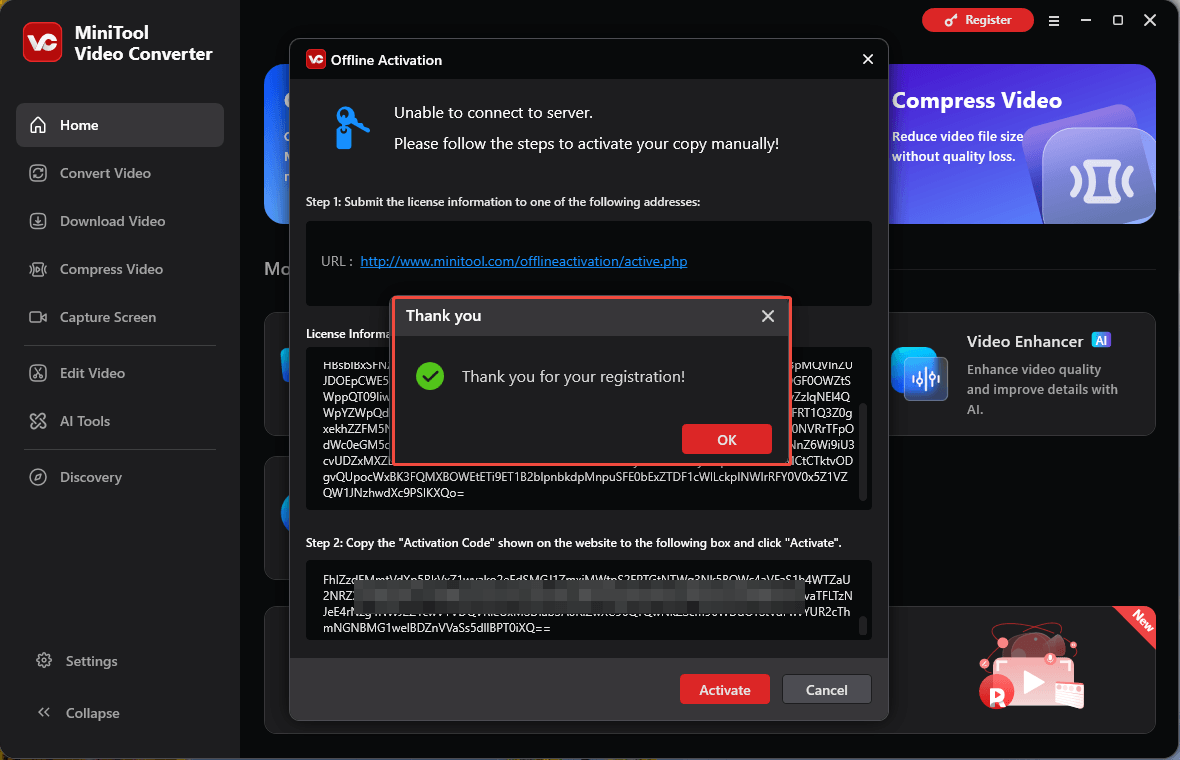 MiniTool Video Converter Offline Activation window with an popup showing registration success