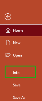 PowerPoint left menu with the Info option selected