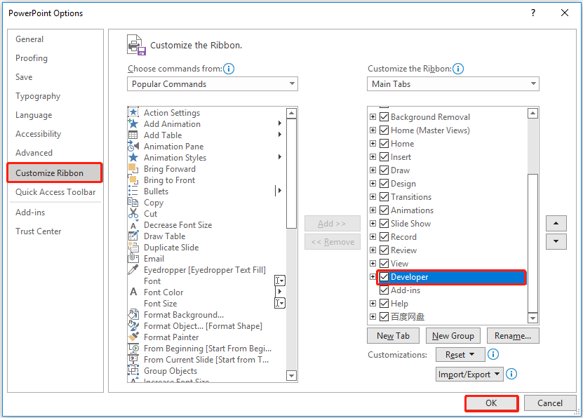 PowerPoint Options window showing how to add Developer optin into PPT top Ribbon