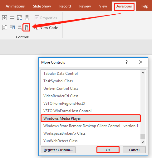 PowerPoint interface showing how to enable Windows Media Player option
