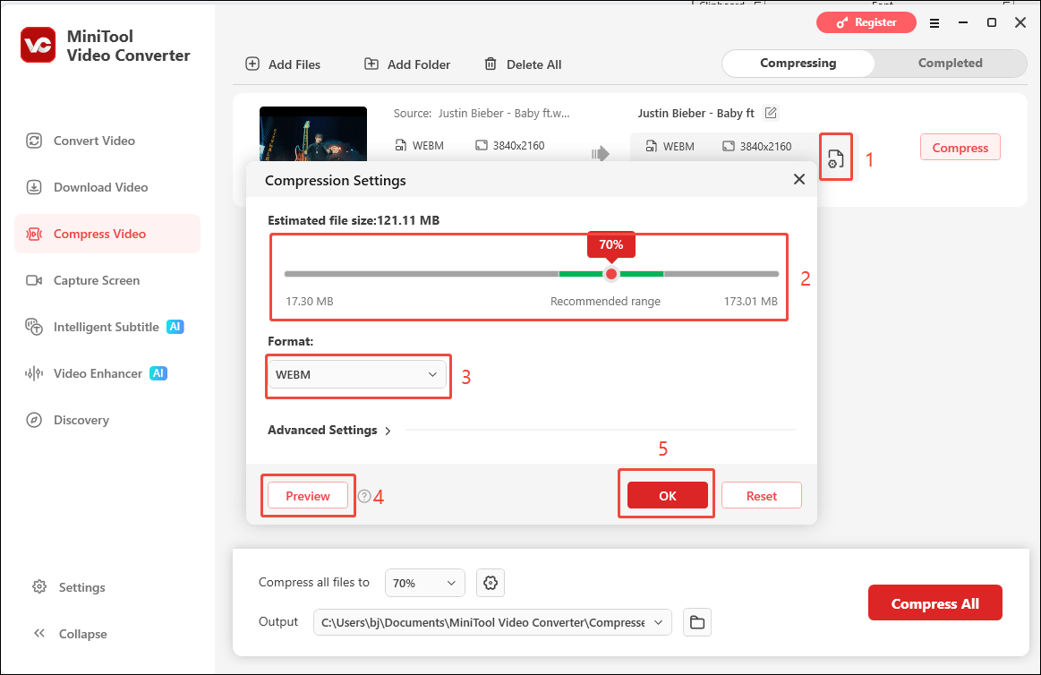 MiniTool Video Converter interface showing how to configure the video compression setting.