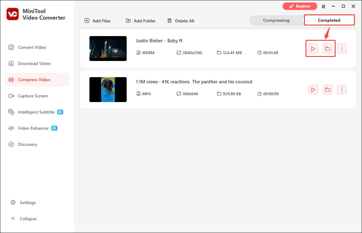 MiniTool Video Converter interface showing how to view and locate the compressed video file.