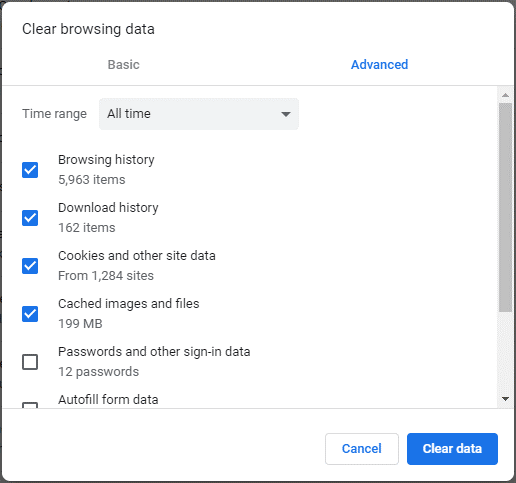 Chrome Clera browsing data page