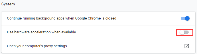 Chrome system settings page showing the Use hardware acceleartion when available option is turned off