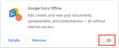 Google Doces Offline extension page showing it is turned off