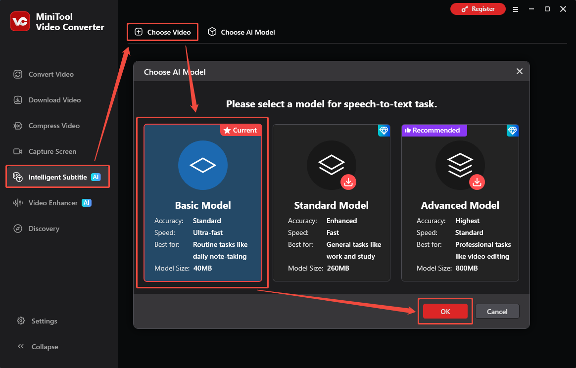 MiniTool Video Converter interface showing how to select the transcription model.