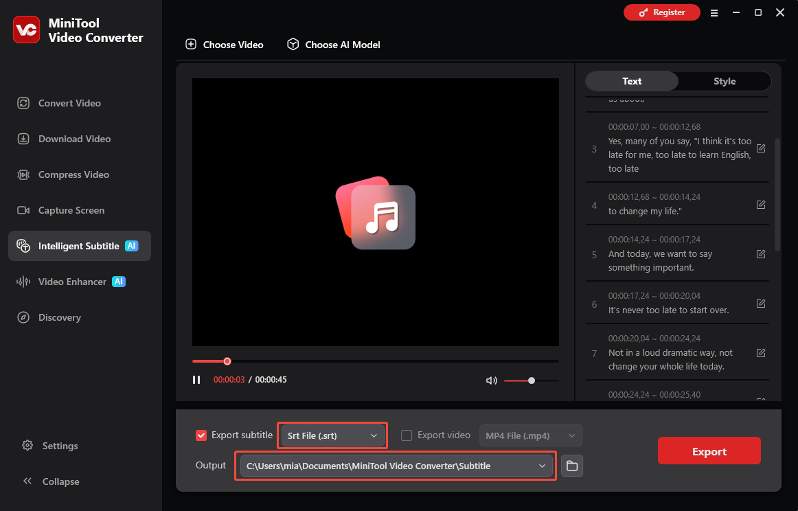 MiniTool Video Converter Intelligent Subtitle interface with the Export subtitle option and the Output option selected.