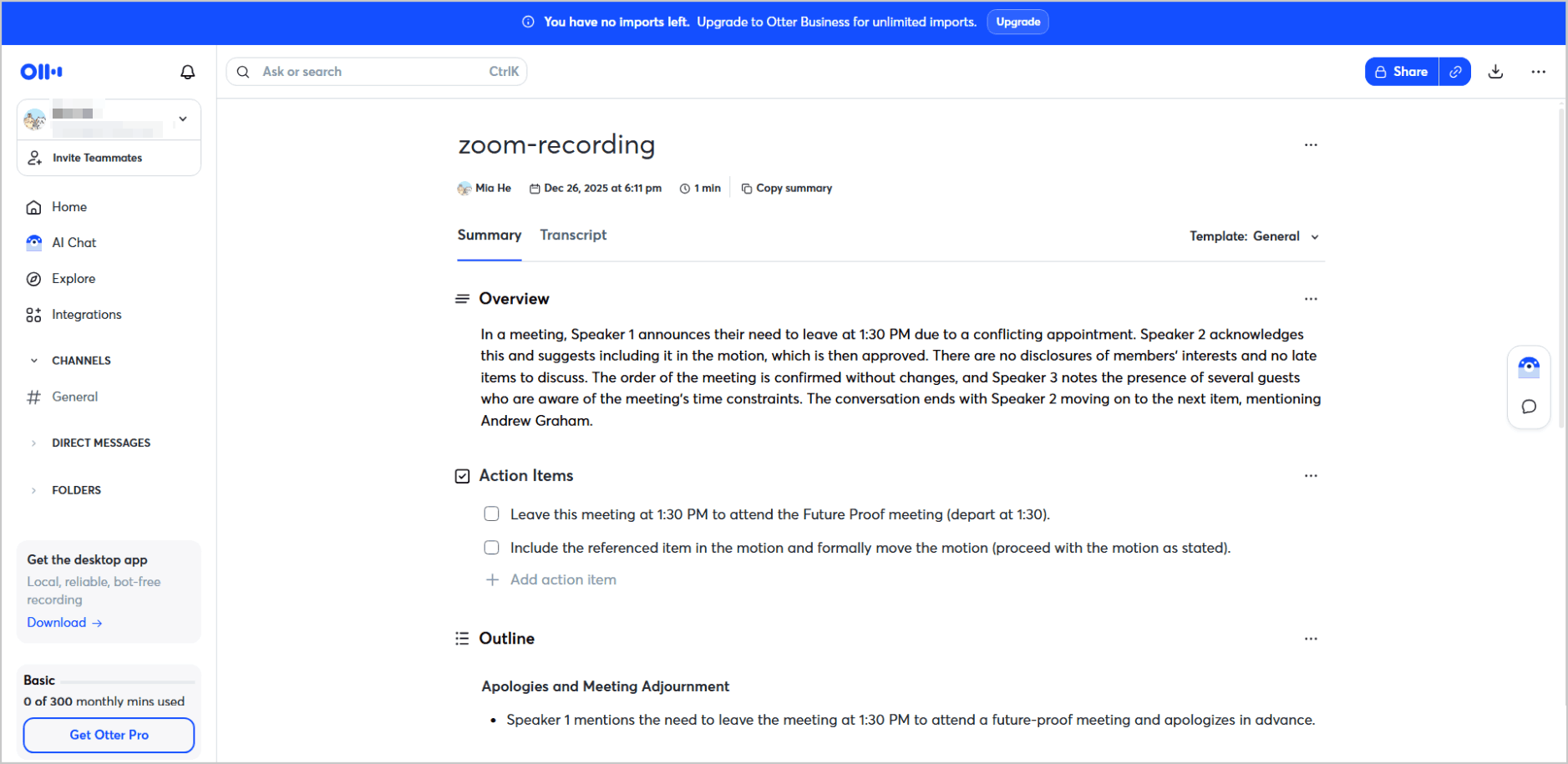 Otter ai interface with a generated transcript.