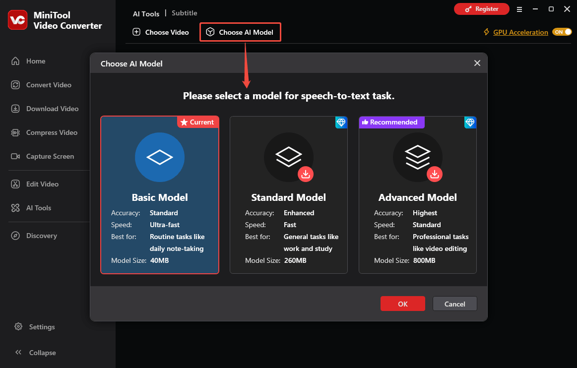 MiniTool Video Converter interface showing how to select an AI model.