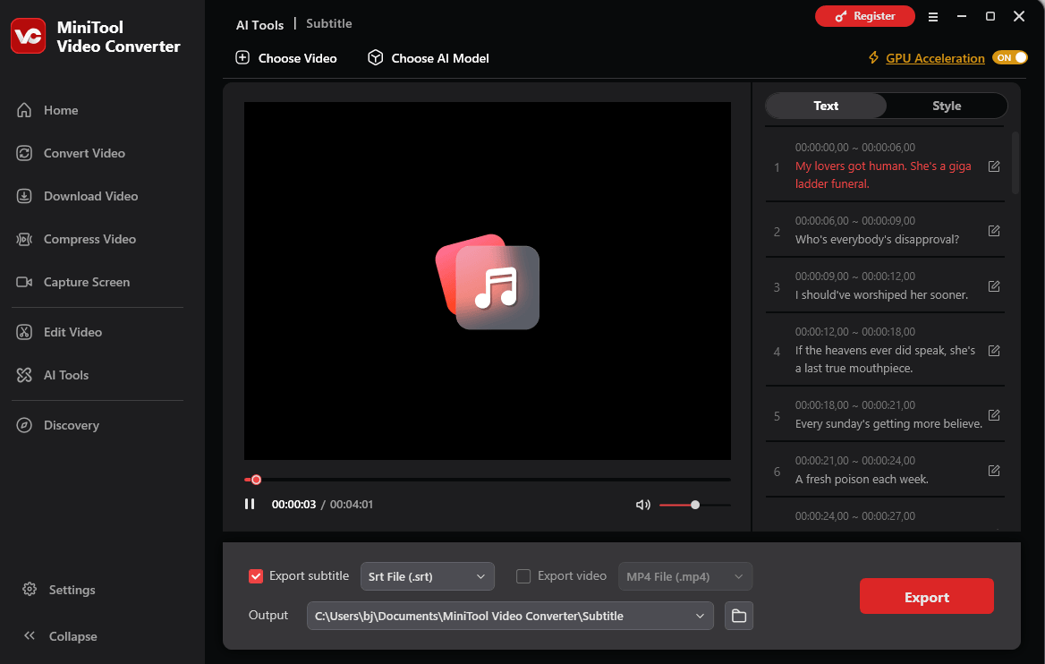MiniTool Video Converter interface with the editable text transcript on the right side.