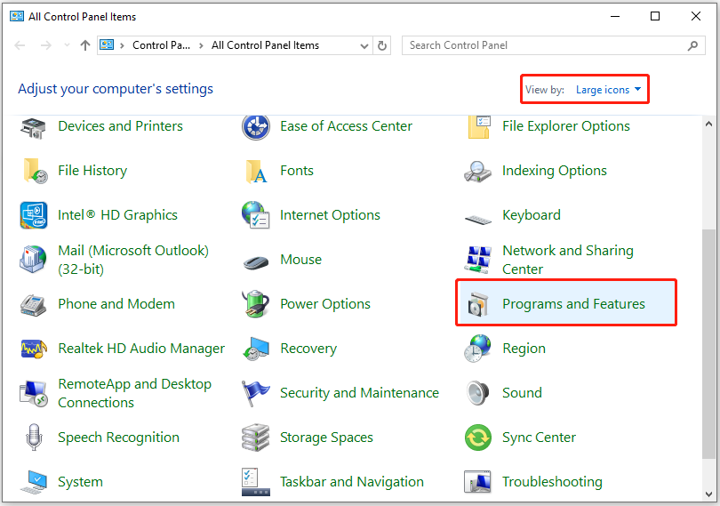 Windows Control Panel window with the Programs and Features option selected