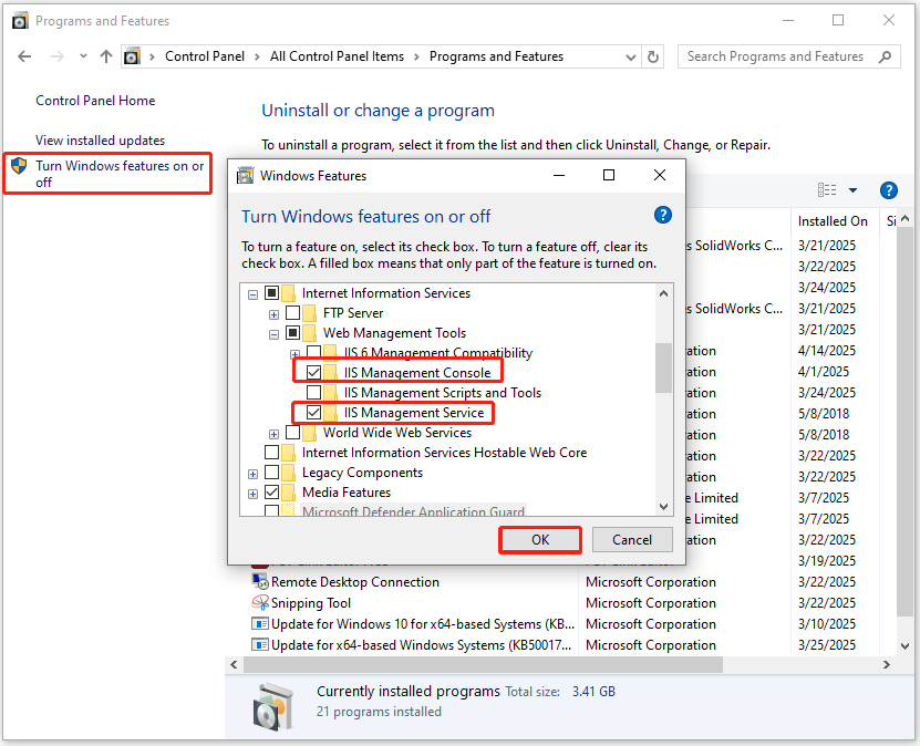 Windows Programs and Features window showing how to turn on IIS Management