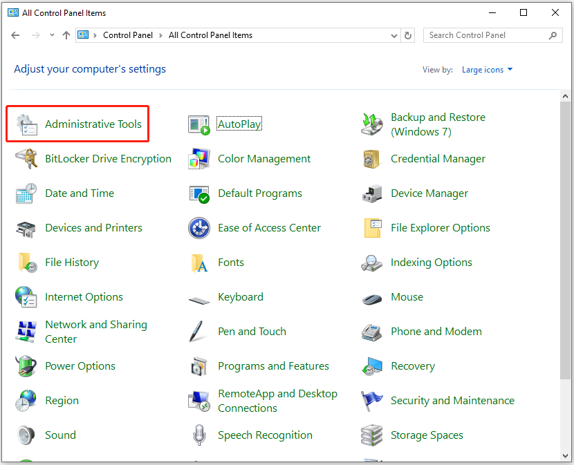 Windows Control Panel window with the Administrative Tools option selected