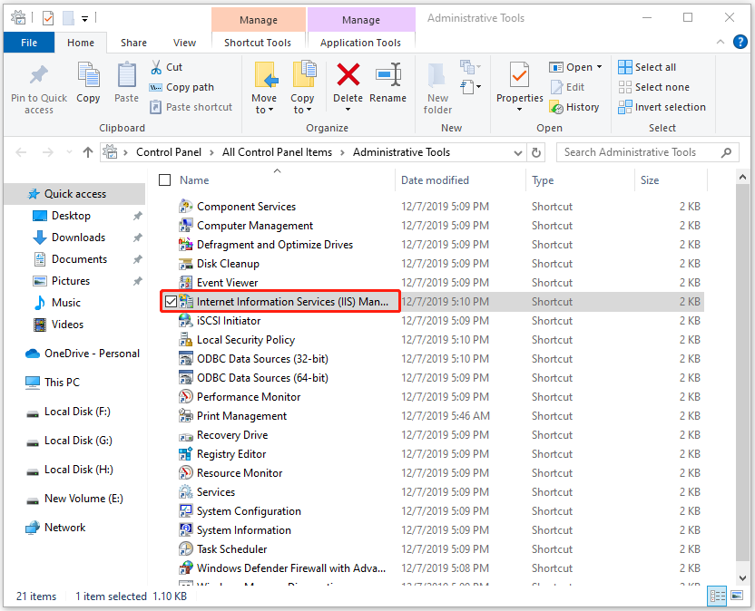 Windows File Exporer Quick access tab with the Internet Information Services (llS) Management item selected