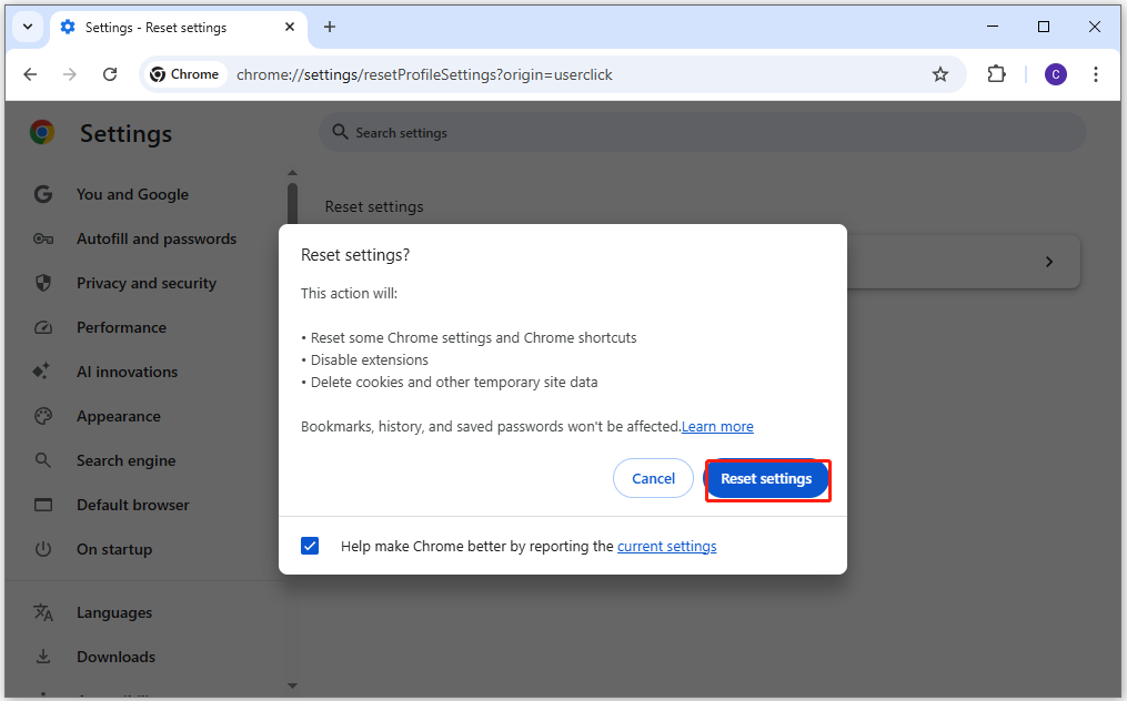 Chrome Settings window with the Reset settings option selected in the Reset settings popup