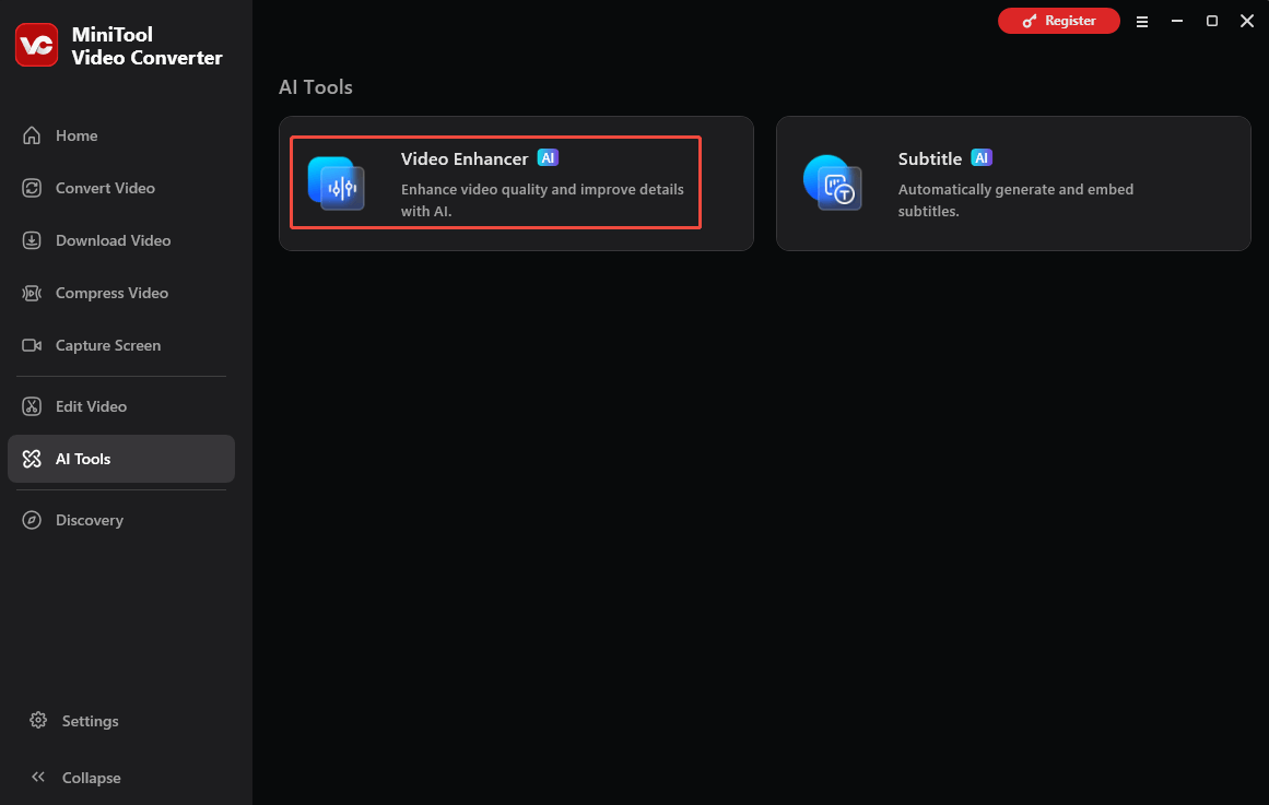 The selected Video Enhancer option on the interface of MiniTool Video Converter.