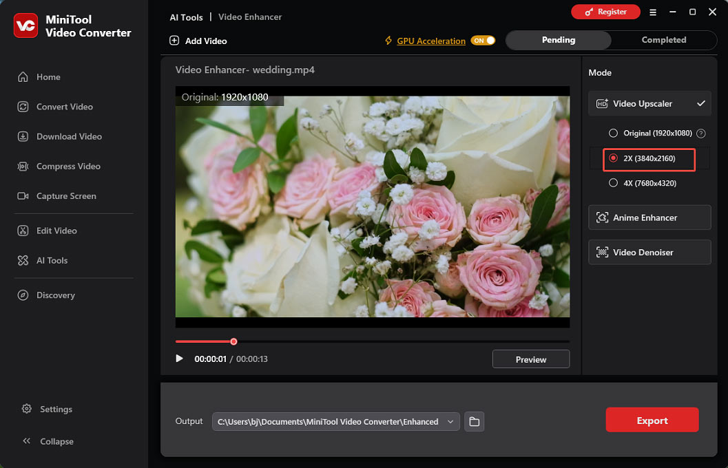 The selected 2X (3840 x 2160) option on the interface of MiniTool Video Converter.