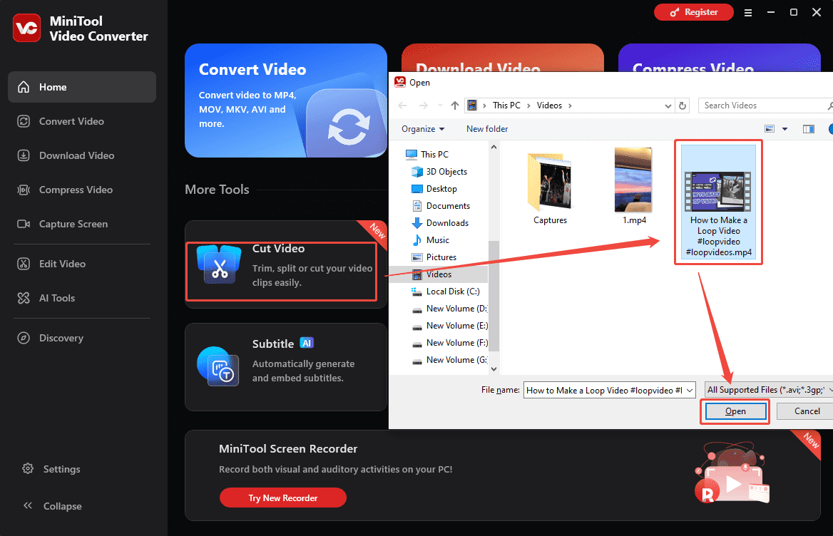 MiniTool Video Converter Home page showing how to import a video for video cutting.