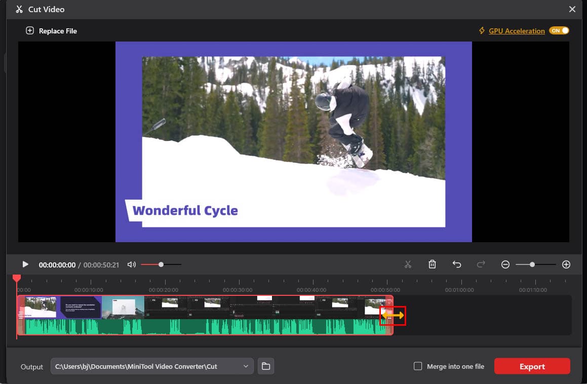 MiniTool Video Converter Convert Video interface showing how to trim the end of the video.