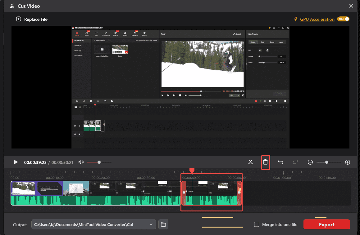 MiniTool Video Converter Convert Video interface with a video segment and the Delete icon selected.