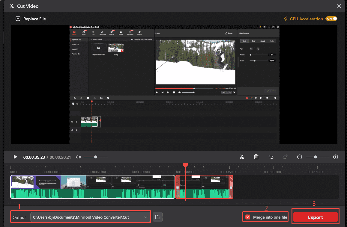 MiniTool Video Converter Cut Video interface showing how to save the cut video to a local file.