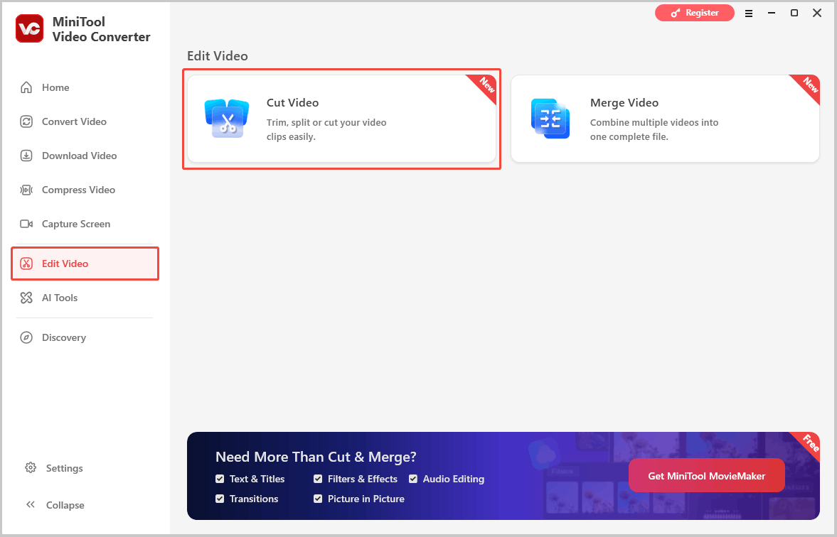 MiniTool Video Converter interface with the Cut Video option selected in the Edit Video tab.