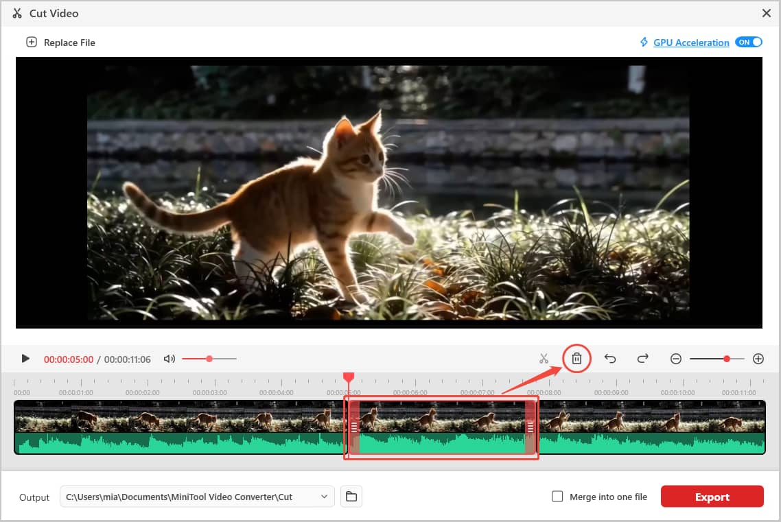 MiniTool Video Converter Cut Video window showing how to delete a video segment.