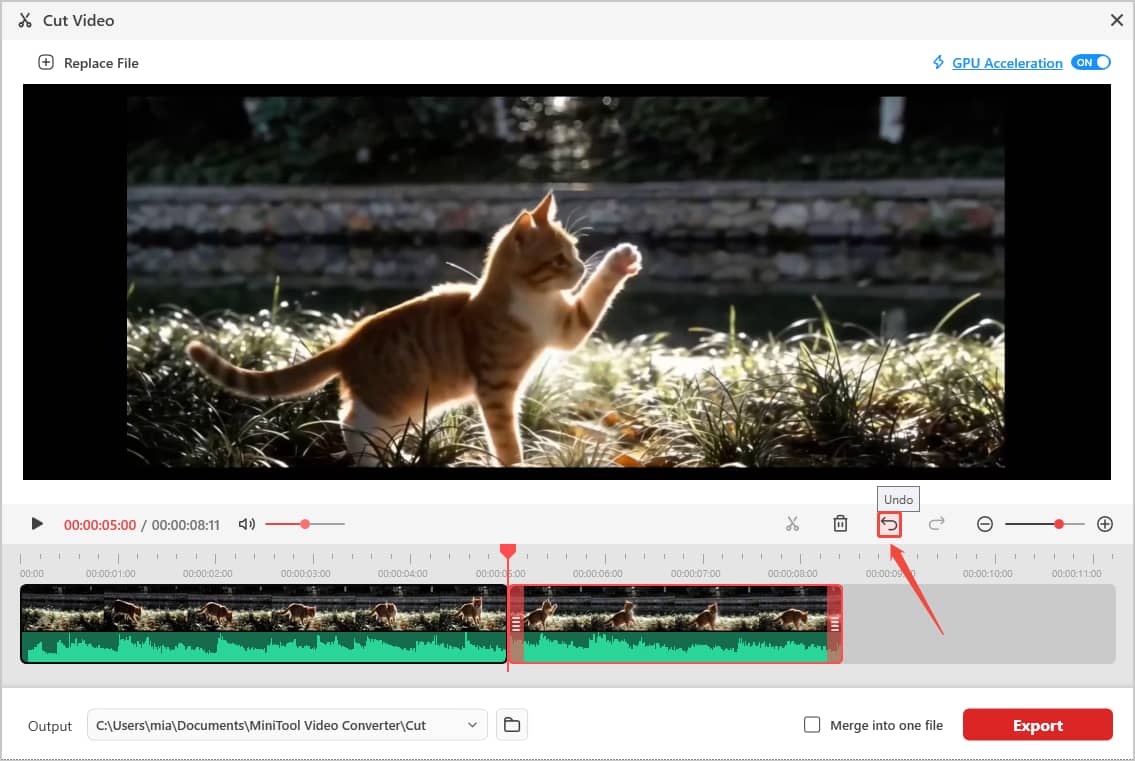 MiniTool Video Converter Cut Video window with the Undo icon pointed to by an arrow.