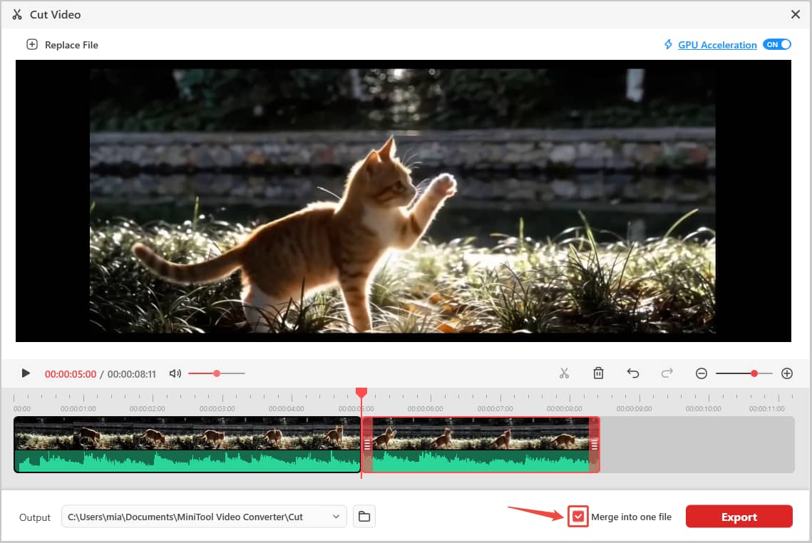 MiniTool Video Converter Cut Video window with the Merge into one file option selected.