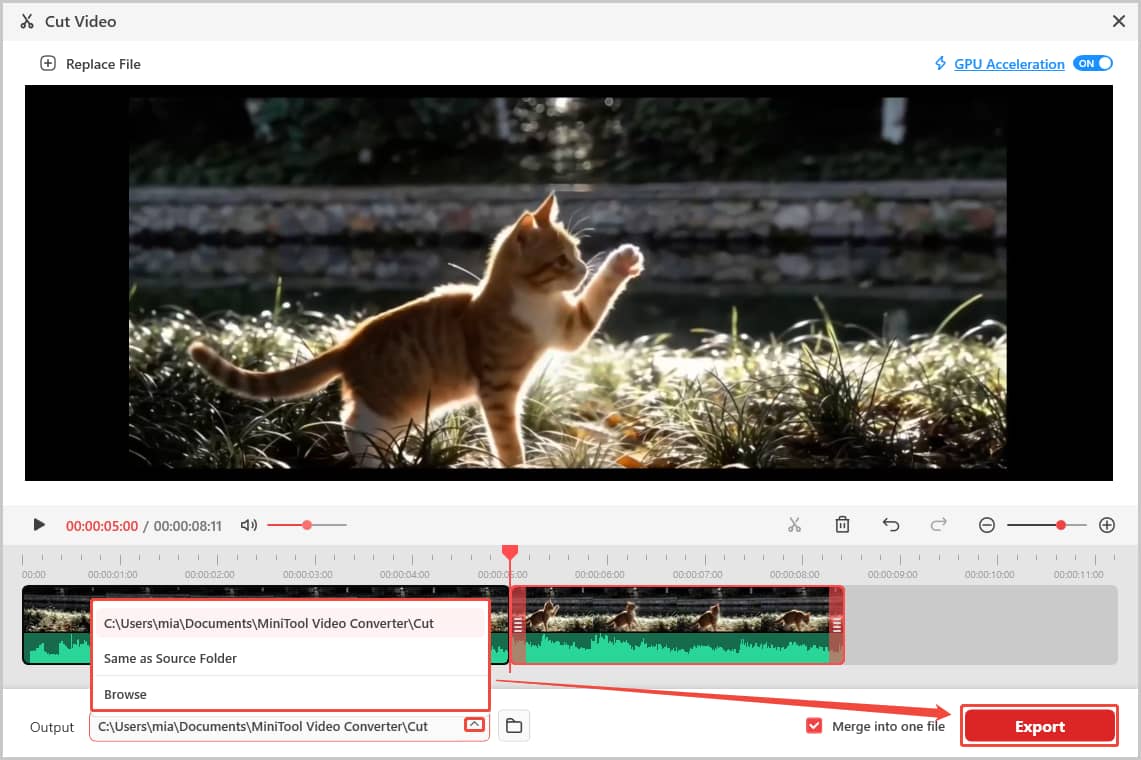 MiniTool Video Converter Cut Video window with the Output menu opened and the Export option selected.