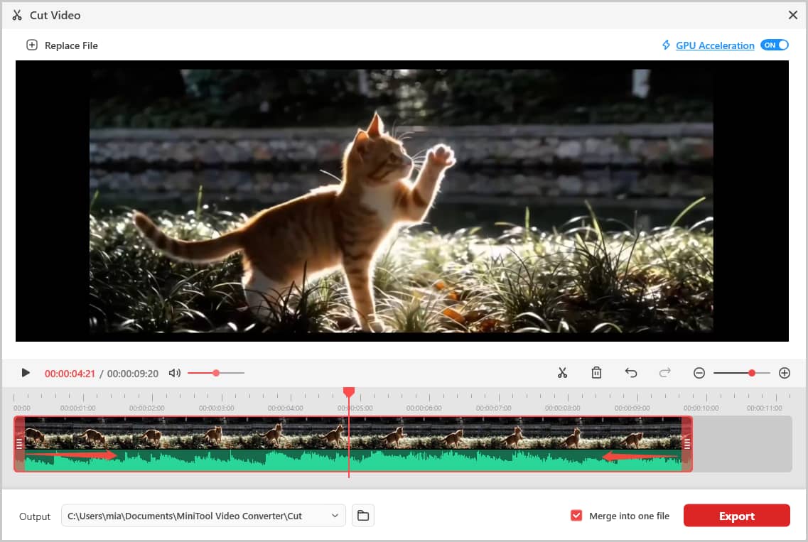 MiniTool Video Converter Cut Video window showing how to trim the video on the timeline.