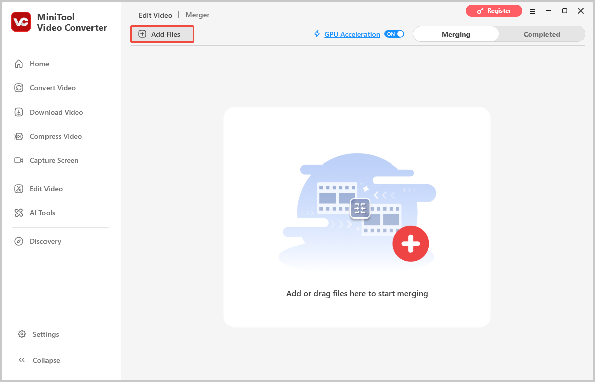 MiniTool Video Converter Merger interface with the Add Files option selected to import target videos.