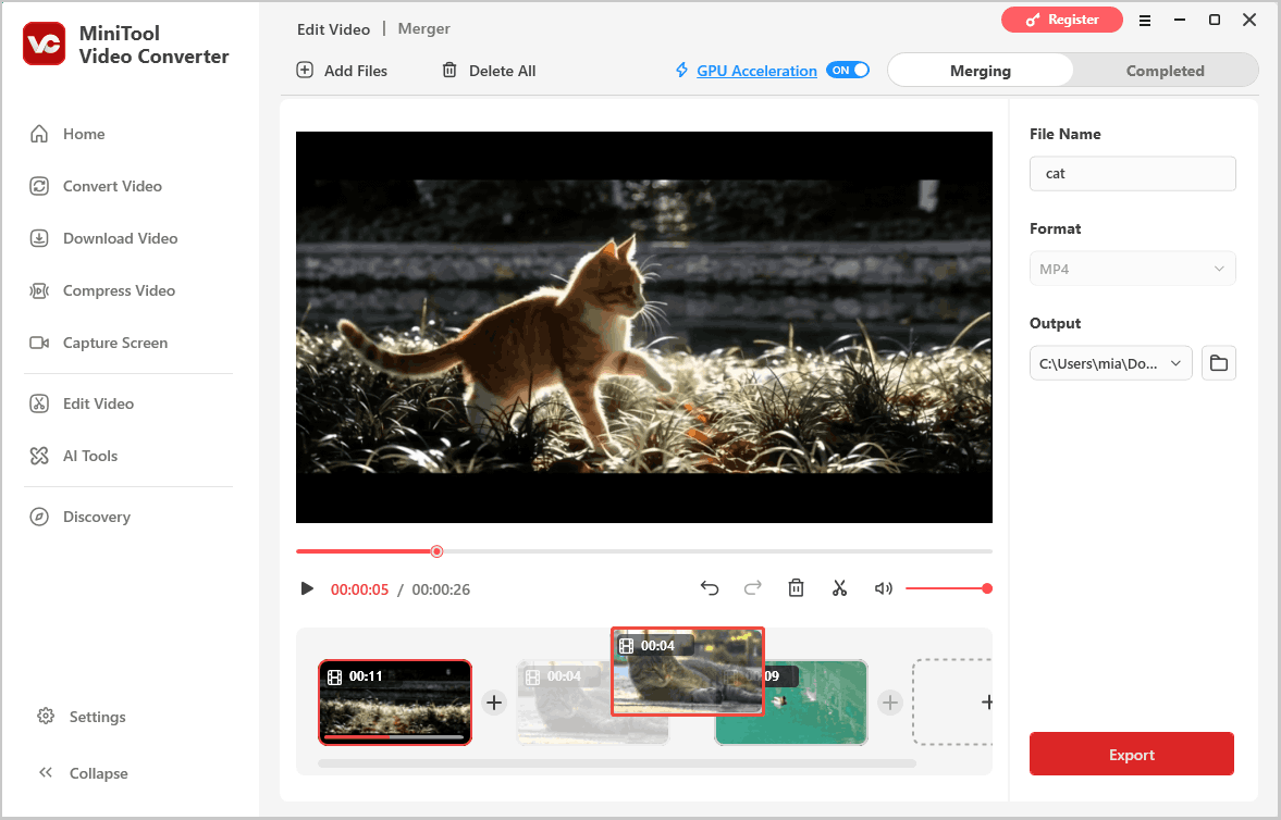 MiniTool Video Converter Merger interface with multiple video clips arranged on the timeline.