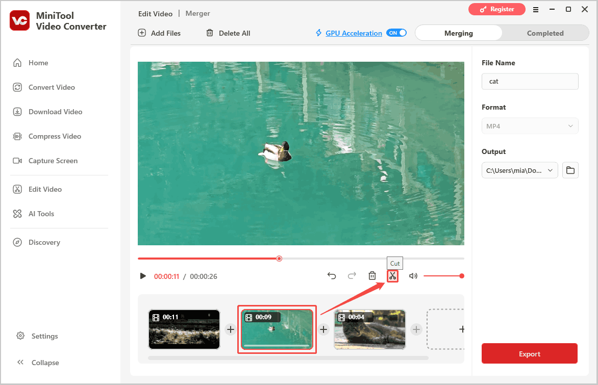 MiniTool Video Converter Merger interface with a video clip selected and the Cut option selected.