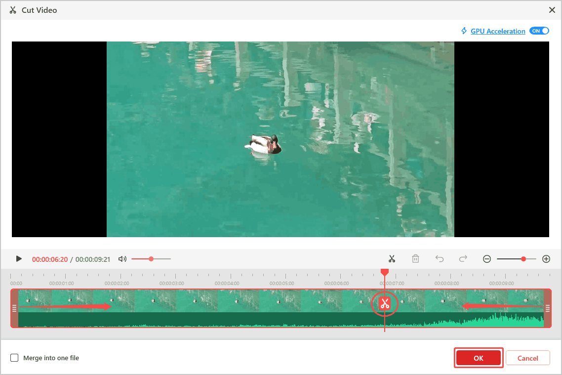 MiniTool Video Converter Cut Video window showing how to trim and split a video.