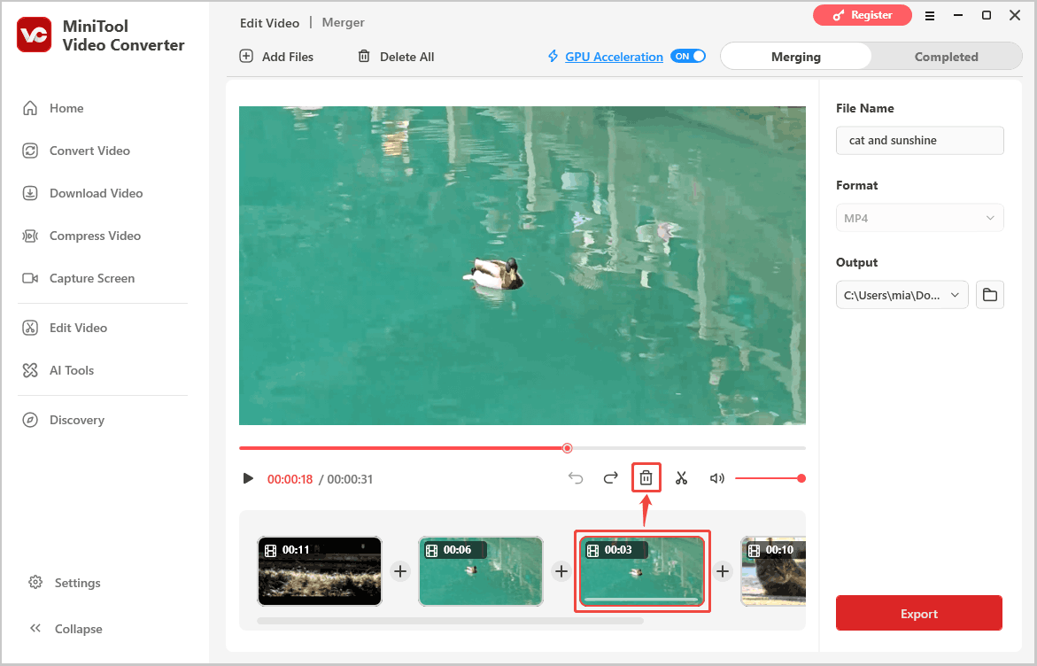 MiniTool Video Converter Merger interface showing how to delete a video clip.