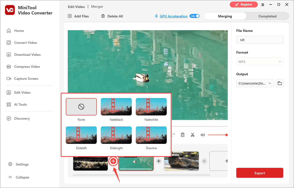 MiniTool Video Converter Merger interface with the Add Transition option selected and the transition options displayed.