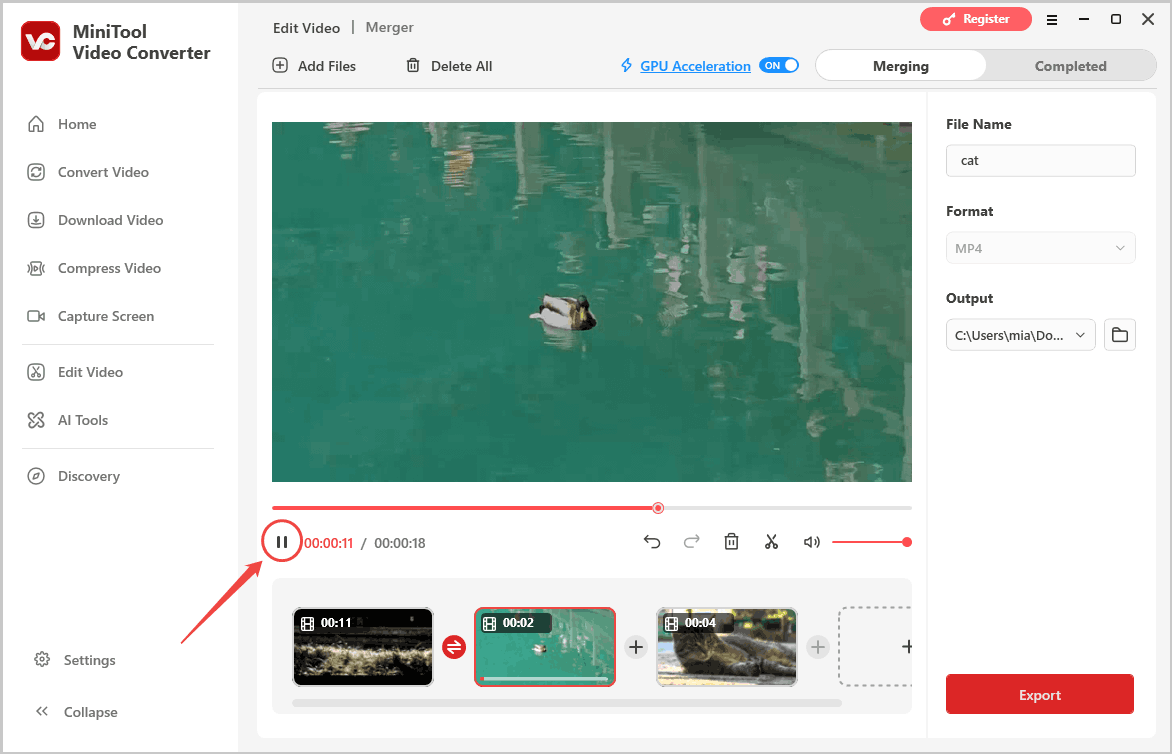 MiniTool Video Converter Merger interface with the play or pause icon selected.