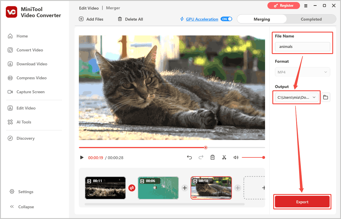 MiniTool Video Converter Merger interface with the play or pause icon selected.