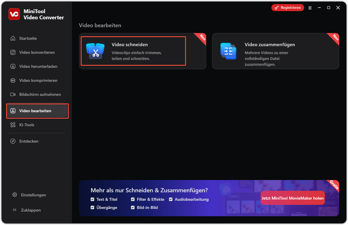 Benutzeroberfläche von MiniTool Video Converter mit der Option „Video schneiden“ auf der Registerkarte „Video bearbeiten“.