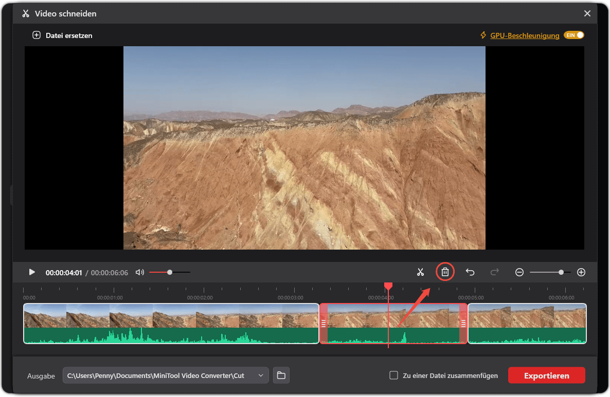Fenster „Video schneiden“ im MiniTool Video Converter, in dem gezeigt wird, wie ein Videosegment gelöscht wird.