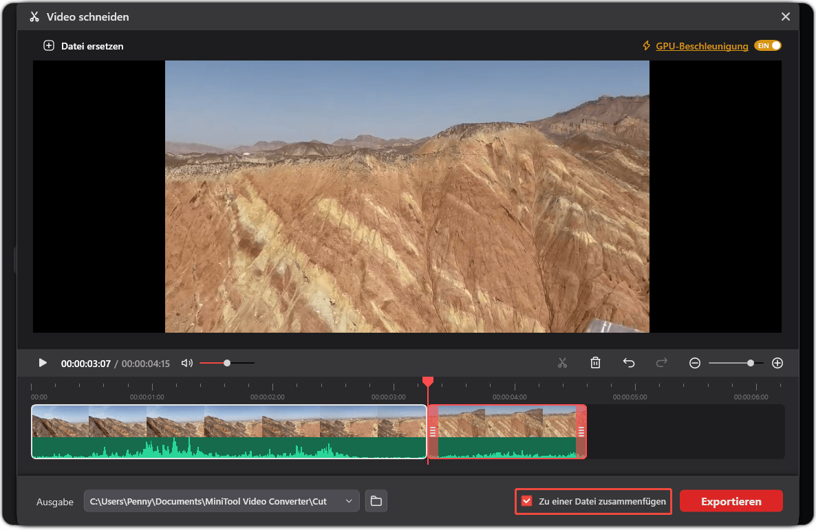Fenster „Video schneiden“ von MiniTool Video Converter mit ausgewählter Option „Zu einer Datei zusammenfügen“.