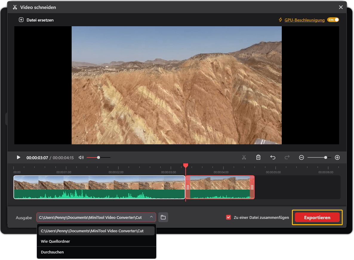 Fenster „Video schneiden“ von MiniTool Video Converter mit geöffnetem Menü „Ausgabe“ und ausgewählter Option „Exportieren“.