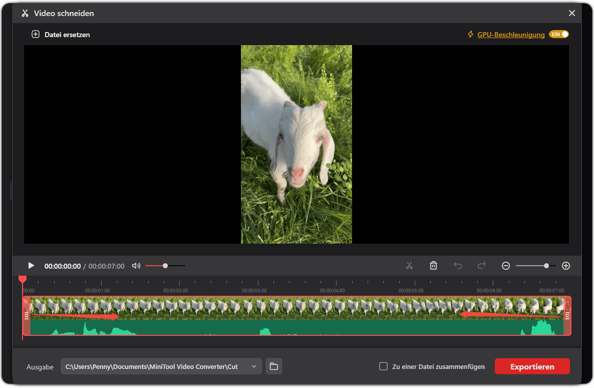 Fenster „Video zuschneiden“ im MiniTool Video Converter, das zeigt, wie man das Video auf der Zeitachse trimmen.