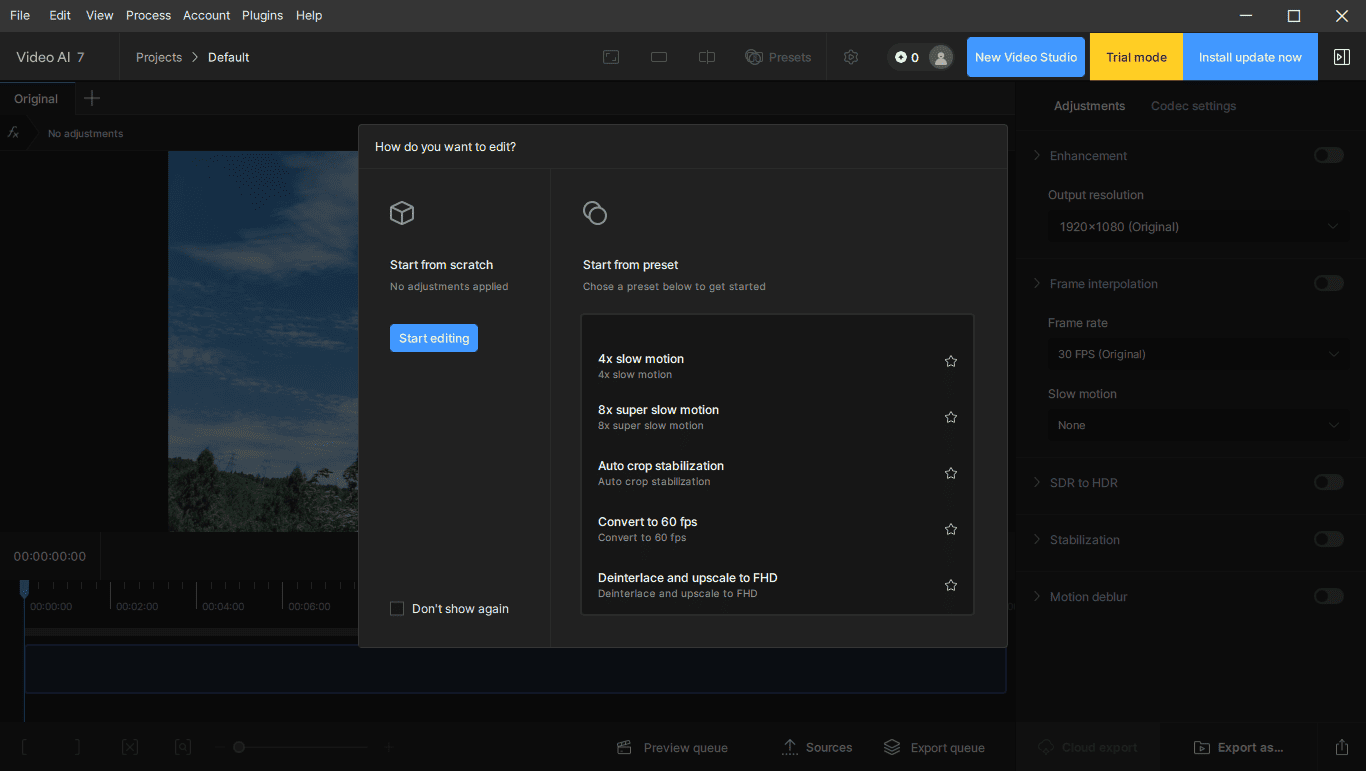 Topaz Video AI pop-up window asking you to choose a way to upscale the video.