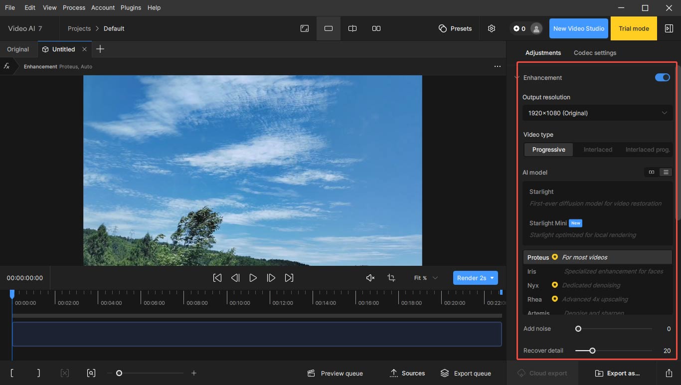 The selected adjustment settings on the right side of the Topaz Video AI interface.
