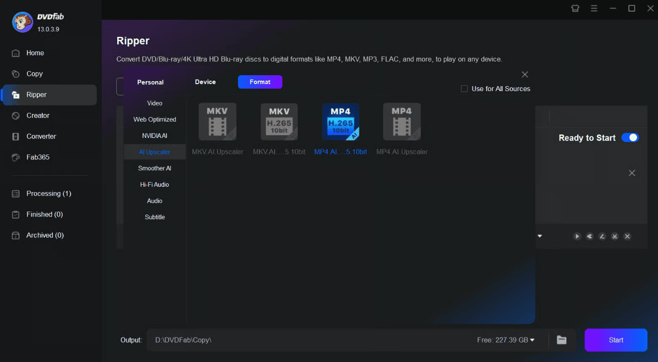 The expanded AI Upscaler category on the DVDFab interface.