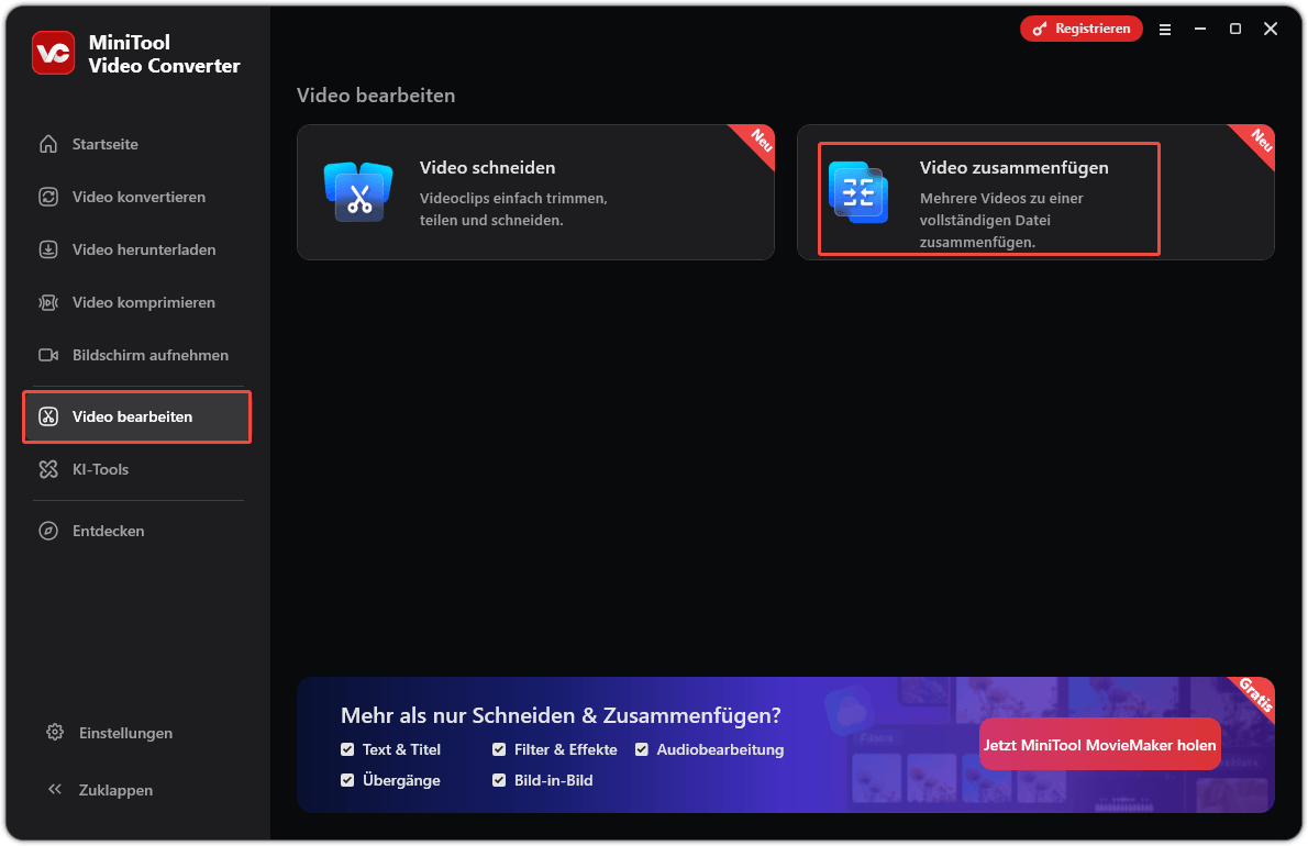 Benutzeroberfläche von „MiniTool Video Converter“ unter „Video bearbeiten“ mit ausgewählter Option „Videos zusammenfügen“.