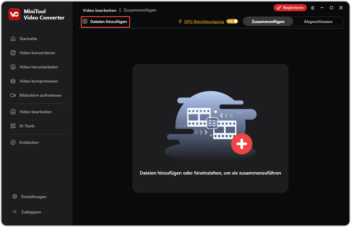 Benutzeroberfläche von „MiniTool Video Converter“ unter „Zusammenfügen“ mit ausgewählter Option „Dateien hinzufügen“ zum Importieren der Zielvideos.